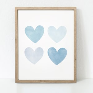 Watercolor Hearts Print, Hearts Wall Art, Kids Room Decor, Hearts Nursery Decor, Blue Watercolor Hearts, Baby Boy Nursery Decor, Printable