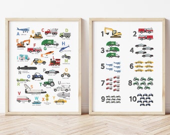 May include: Two colourful educational posters for children. The left poster features the alphabet with a different vehicle for each letter. The right poster features numbers 1-10 with a corresponding number of vehicles for each number.