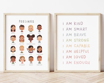 Feelings Poster, Emotions Chart, Classroom Decor, Affirmations Poster, Kids Affirmations, Playroom Wall Art, Classroom Art, MUTED