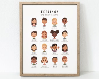 Bilingual Feelings Poster, Spanish English Emotions Chart, Bilingual Classroom Decor, Feelings Print, Playroom Wall Art, Classroom Art
