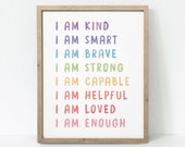 Affirmations Poster, Kids Affirmations, I Am Kind, I Am Smart, Classroom Decor, Homeschool Decor, Playroom Wall Art, Classroom Art,