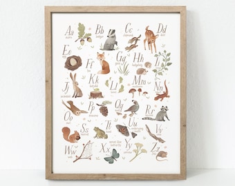 Woodland Alphabet Poster, Woodland Alphabet Print, Woodland Nursery, Woodland Art Print, Woodland ABC, Printable, White Background