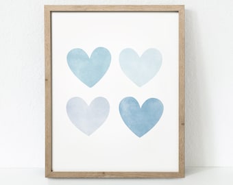 Impressão de corações em aquarela, arte de parede de corações, decoração de quarto infantil, decoração de berçário de corações, corações azuis em aquarela, decoração de berçário de bebê menino, para impressão