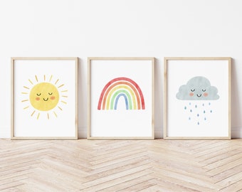 Sonnenschein Kindergarten Druck, Sonne Regenbogen Wolke Kunstdruck, neutrale Kinderzimmer Dekor, Regenbogen Poster, Spielzimmer Kunstdruck, Regenbogen-Druck-Set