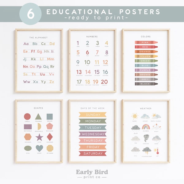 Educational Prints, Set of 6 Educational Posters, Classroom Decor, Homeschool Decor, Preschool Poster, Learning Posters,DIGITAL DOWNLOAD