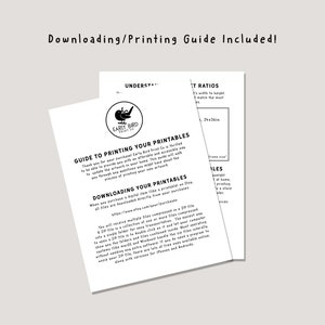 May include: A black and white guide for printing digital artwork purchased from Early Bird Print Co. The guide includes instructions on downloading and printing files, as well as information on aspect ratios and frame sizes. The guide also includes the company logo, which features a stylized bird.