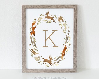 Woodland Nursery Print, Woodland Nursery, Nursery Initial, Monogram, Rustic Nursery, Woodland Nursery Art, Forest Friends, Initial Print