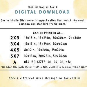 May include: A digital download graphic with text that reads "This listing is for a DIGITAL DOWNLOAD". The graphic lists different aspect ratios for printable files that can be printed at various sizes in inches and centimeters. The sizes include 2x3, 3x4, 4x5, 5x7, and all ISO sizes.