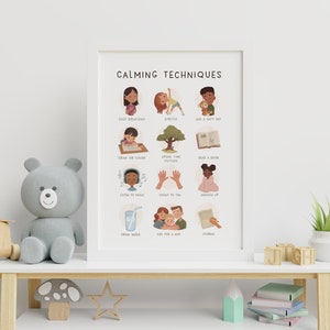 May include: A printable poster with calming techniques for children. The poster features illustrations of children engaging in activities such as deep breathing, stretching, reading a book, listening to music, and drawing. The text "Calming Techniques" is at the top of the poster.
