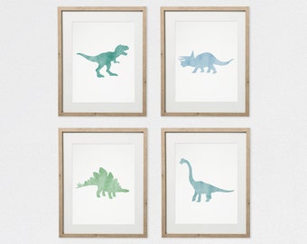 4 Dinosaurier-Drucke, Dinosaurier-Kindergarten-Druck, Dinosaurier-Wand-Kunst, Dinosaurier-Kunst, Dinosaurier-Kindergarten, Kindergarten Kunst, Set von 4, Dino Kindergarten