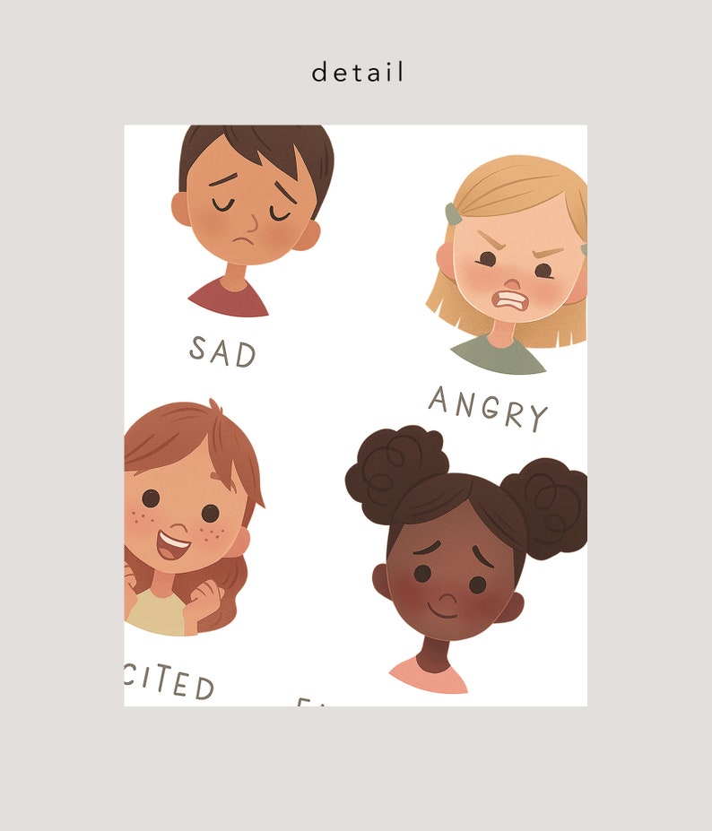 May include: Illustration of four children's faces expressing different emotions: sad, angry, excited, and shy. The children are drawn in a cartoon style with simple features and bright colors.