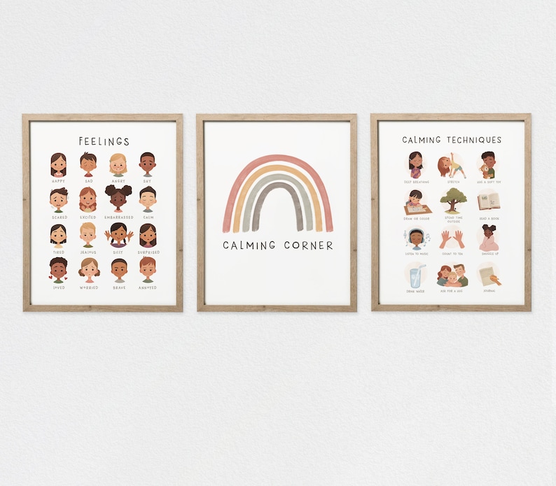 May include: Three framed prints with illustrations for a calming corner. The first print shows a rainbow with the text "Calming Corner". The second print shows a grid of faces with different emotions and the text "Feelings". The third print shows a grid of illustrations of calming techniques with the text "Calming Techniques".