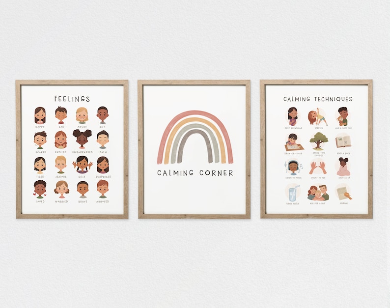 May include: Three framed posters with illustrations for a calming corner. The first poster has a rainbow with the text "Calming Corner". The second poster has a grid of faces with different emotions and the text "Feelings". The third poster has a grid of illustrations of calming techniques with the text "Calming Techniques".