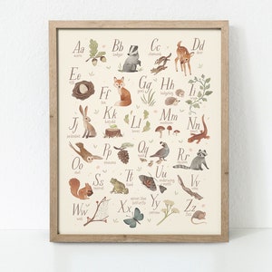 May include: A framed alphabet print featuring woodland animals and plants. Each letter is paired with an illustration, including an acorn, badger, deer, fox, hedgehog, and squirrel. The artwork is in soft watercolor tones.