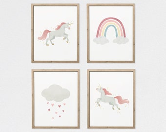 Unicorn Print, Set of 4 Unicorn Prints, Girls Room Decor, Unicorn Decor, Unicorn Wall Art, Playroom Wall Art, Unicorn Art, DIGITAL DOWNLOAD