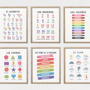 Impresiones educativas en español, conjunto de 6 carteles preescolares, impresiones de aprendizaje en español, decoración del aula de español, carteles de aprendizaje, DESCARGA DIGITAL