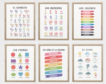 Educational Spanish Prints, Set of 6 Preschool Posters, Spanish Learning Prints, Spanish Classroom Decor, Learning Posters, DIGITAL DOWNLOAD