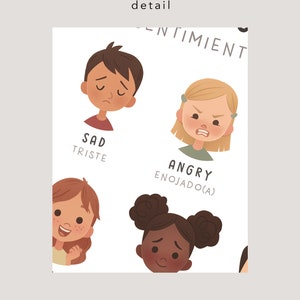 May include: Illustration of four children's faces expressing different emotions: sad, angry, happy, and shy. The emotions are labeled in both English and Spanish.