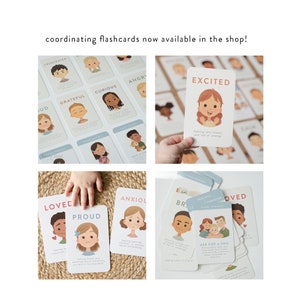 May include: A set of colorful flashcards featuring illustrations of children expressing different emotions. The cards include words like "Excited", "Loved", "Proud", "Anxious", "Brave", and "Ask for a Hug".