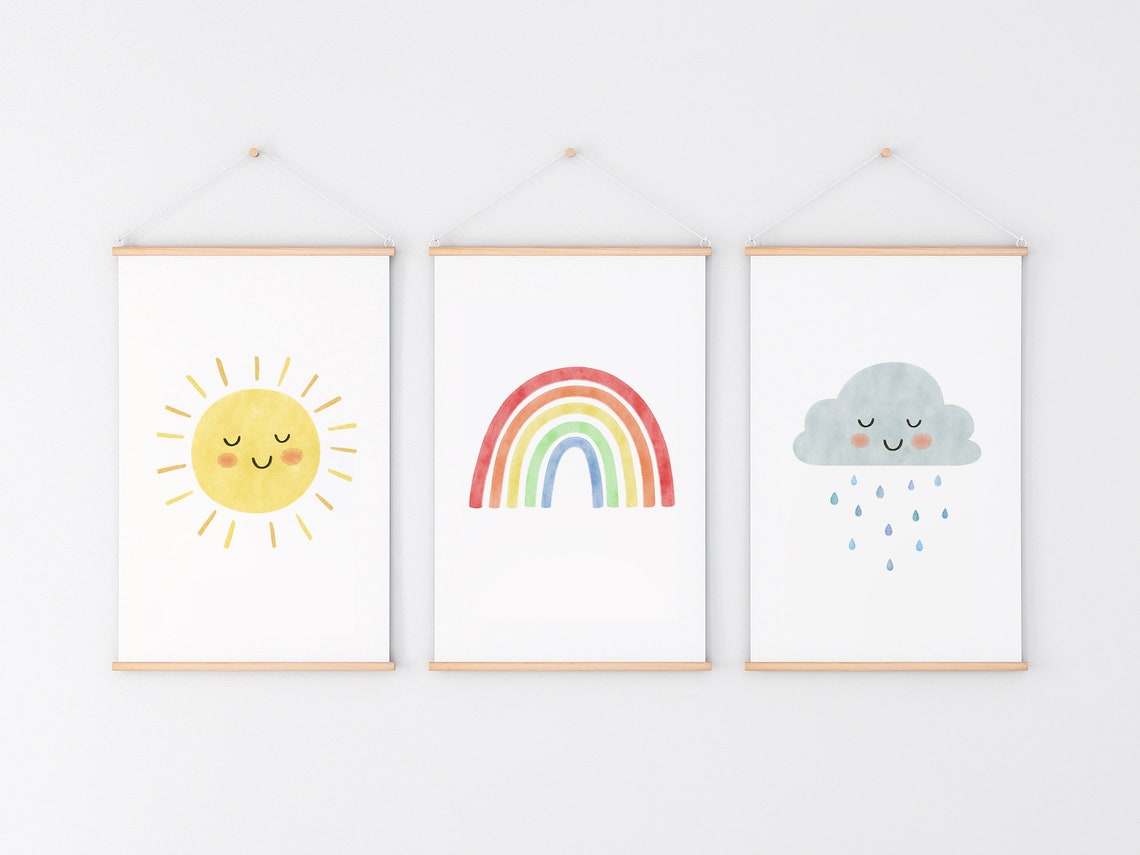 Sunshine Nursery Print, Sun Rainbow Cloud Art Print, Neutral Nursery ...