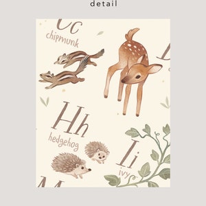 May include: A whimsical illustration featuring woodland animals and the alphabet. The image includes a fawn, chipmunks, and hedgehogs, with the letters C, H, and I. The word "detail" is at the top. The color palette is soft and muted.