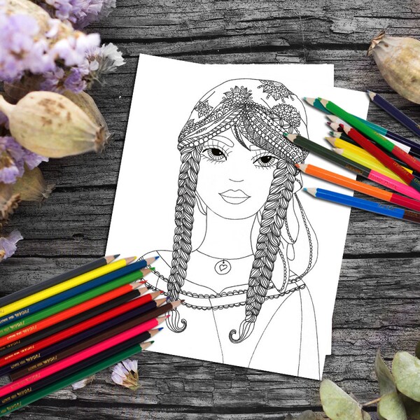 Girl Roma Gypsy, printable coloring page, digital stamp, wall art,