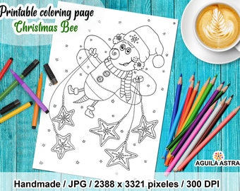 Printable coloring page Christmas bee, Christmas digital stamp, Christmas card image, Christmas printable wall art, jpg, Pdf