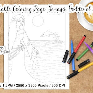 Yemaya Goddess printable coloring page, Digital stamp, wall art, image 1