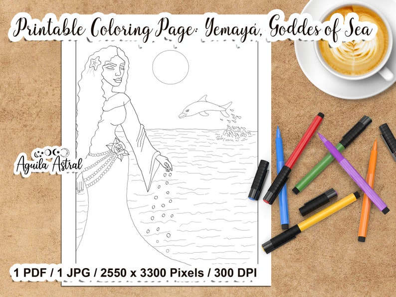 Yemaya Goddess printable coloring page, Digital stamp, wall art, image 1