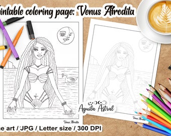 Venus Aphrodite, goddess of love and prosperity, printable coloring page, digital stamp,