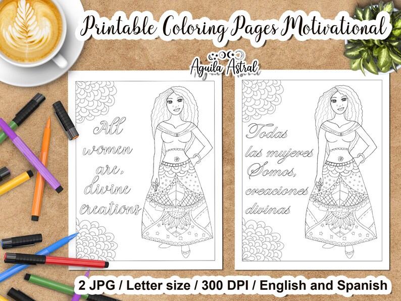 Motivational Printable Coloring Page: All women are, divine creations, digital stamp, wall art, image 1