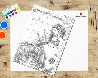 Printable coloring page for adults Sweet maternity, digital stamp, jpg, printable wall art,
