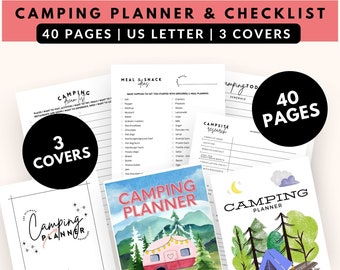 Puede incluir: Un planificador y una lista de verificación de camping con 40 páginas y 3 cubiertas. El planificador incluye listas de verificación, senderismo, camping, planificación e ideas de comida. Las cubiertas presentan ilustraciones.