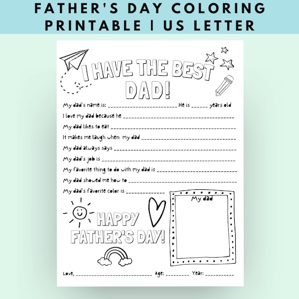 Father's Day Gift Coloring Printable Keepsake | All About Dad Interview | Dad Questionnaire Activity