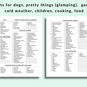 May include: Two-page checklist covering topics such as dogs, glamping, cold weather, and cooking. Each list features checkboxes for items like dog beds, hats, and cooking utensils. The lists are printed on white paper.