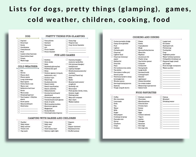 May include: Two-page checklist covering topics such as dogs, glamping, cold weather, and cooking. Each list features checkboxes for items like dog beds, hats, and cooking utensils. The lists are printed on white paper.