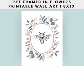 Printable Bee Decor | Bee Print | Floral Bee Wall Art | Vintage Bee Wall Art Prints | Bee Decorations | Flowers Digital Download