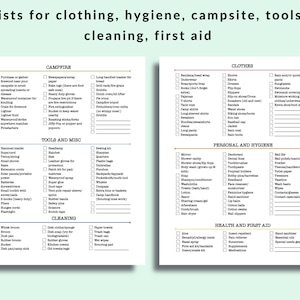 May include: Two lists on a pale green background titled "Lists for clothing, hygiene, campsite, tools, cleaning, first aid." The lists cover camping, tools, cleaning, clothes, personal hygiene, and health and first aid.