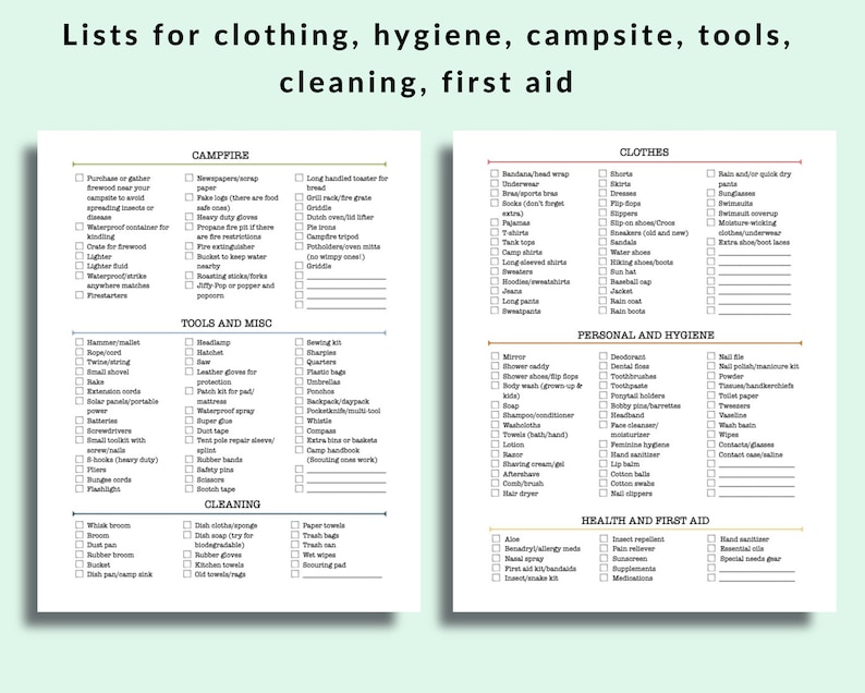 May include: Two lists on a pale green background titled "Lists for clothing, hygiene, campsite, tools, cleaning, first aid." The lists cover camping, tools, cleaning, clothes, personal hygiene, and health and first aid.