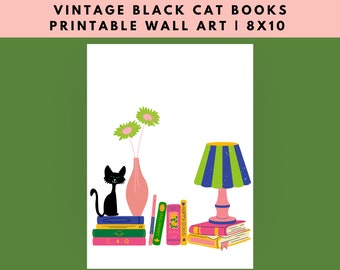 Black Cat and Book Stacks Printable Bookish Art |  Digital Print | Vintage Black Cat | Bookish Gift