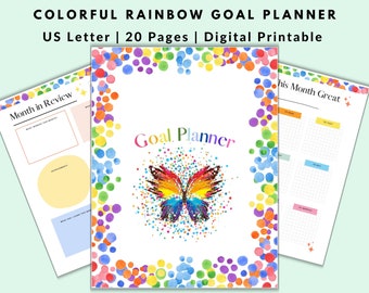 Printable Goal Planner | Colorful Rainbow Butterfly | Weekly | Monthly | Yearly Undated Digital Download