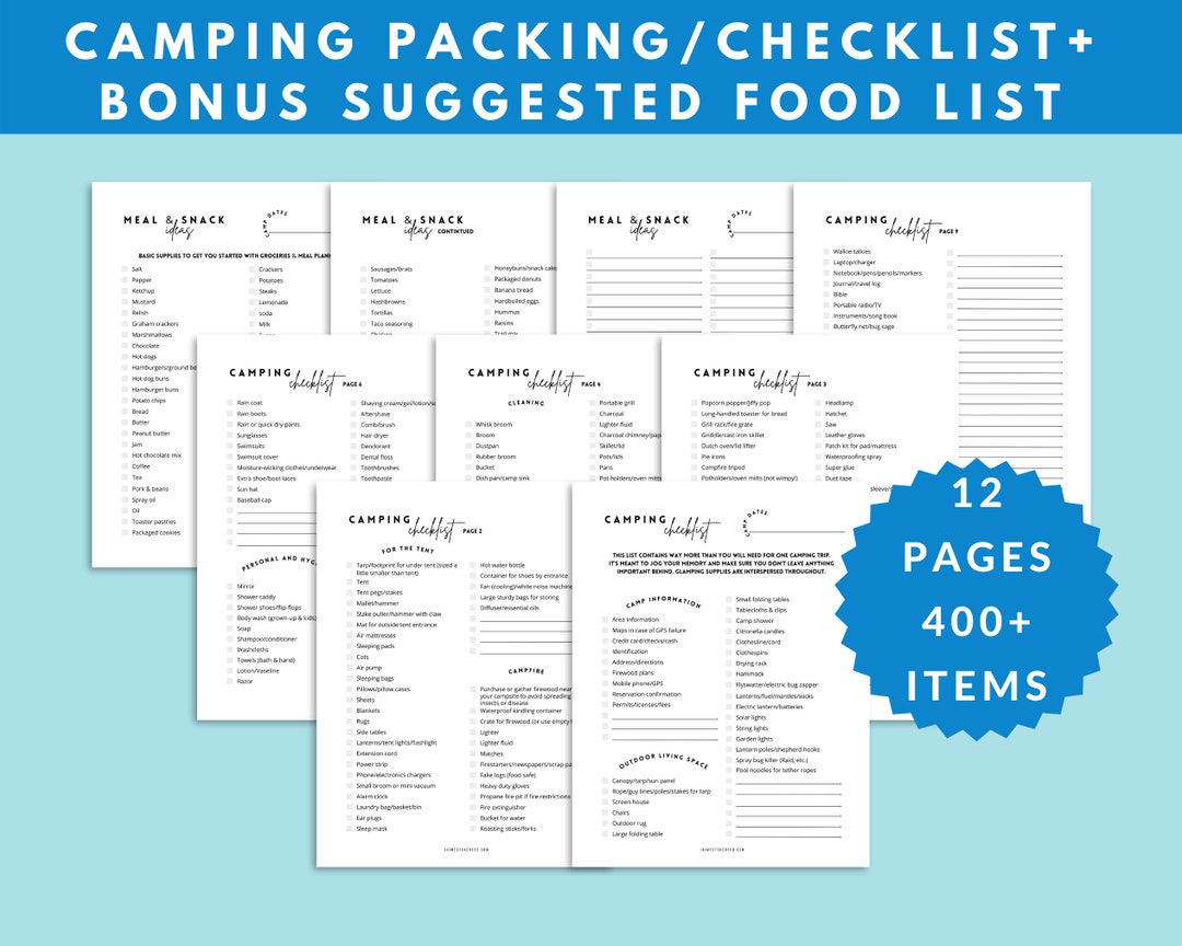 Printable Camping Checklist PLUS Grocery List Planner 12 Pages Tent ...