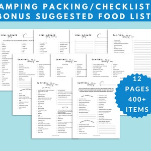 Printable Camping Checklist | PLUS Grocery List Planner | 12 Pages | Tent Glamping | Digital Packing Check List