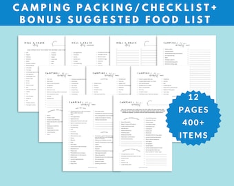 Afdrukbare campingchecklist | PLUS Boodschappenlijstplanner | 12 pagina's | Glamping tent | Digitale paklijst