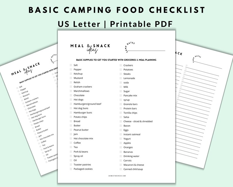 Printable Camping Basics Food Checklist for Glamping Digital Shopping