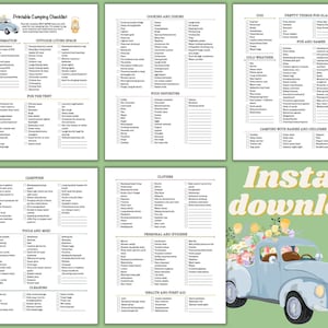 May include: Printable camping checklists with categories including information, outdoor living, and campfire. The design features a light blue car with flowers and the words "Instant download". The checklists are on white paper with black text.
