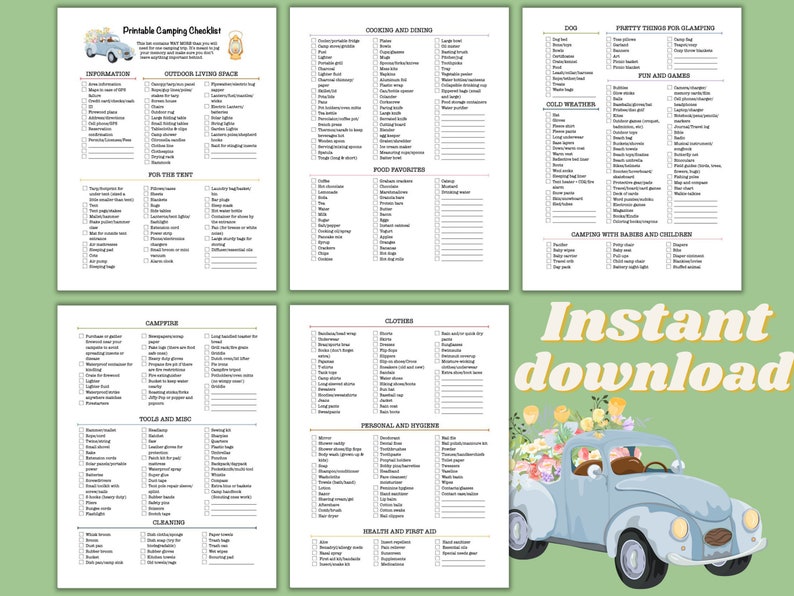 May include: Printable camping checklists with categories including information, outdoor living, and campfire. The design features a light blue car with flowers and the words "Instant download". The checklists are on white paper with black text.