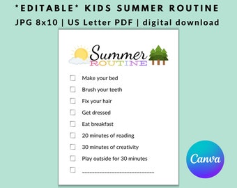 Editable Summer Routine Printable | Canva Template | Kids Chores | Responsibilities