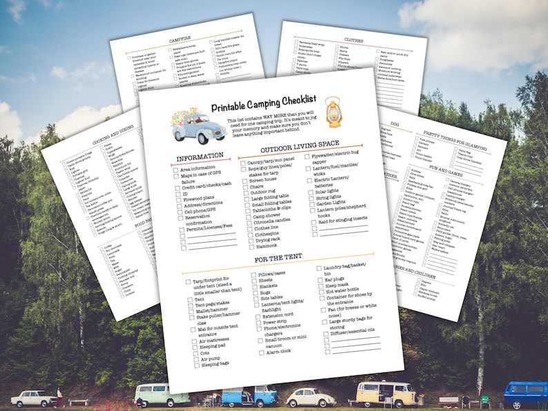 May include: Several printable camping checklists on white paper. The main checklist has a blue car illustration and the text "Printable Camping Checklist." Categories include information, outdoor living space, and items for the tent.