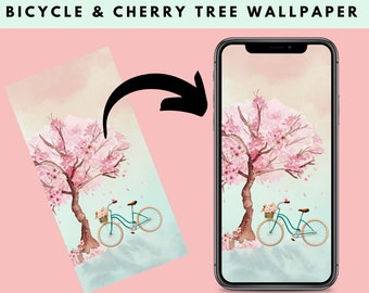 Bicycle and Cherry Blossom Tree Smart Phone or Tablet Wallpaper | Watercolor iPhone Wallpaper